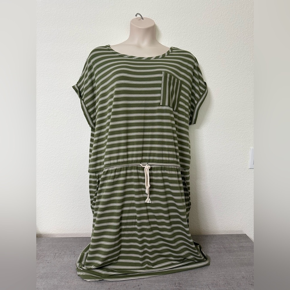 Women’s Plus Terra & Sky Green and White Striped Dress with Pockets 2X